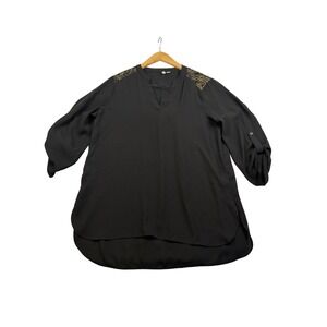 Cato Black V-Neck Blouse Gold Lace Shoulder Roll Tab Sleeve Tunic Large